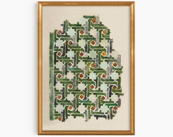 Alhambra Tile Art Print, 14th Century Spanish Mosaic Fine Art Poster, Green Geometric Islamic Art, Andalusian Decor - Giclée Print