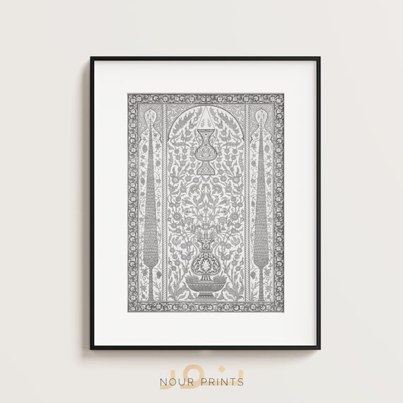 Japandi Islamic Wall Art, Ottoman Mihrab Iznik Tile Print, Neutral