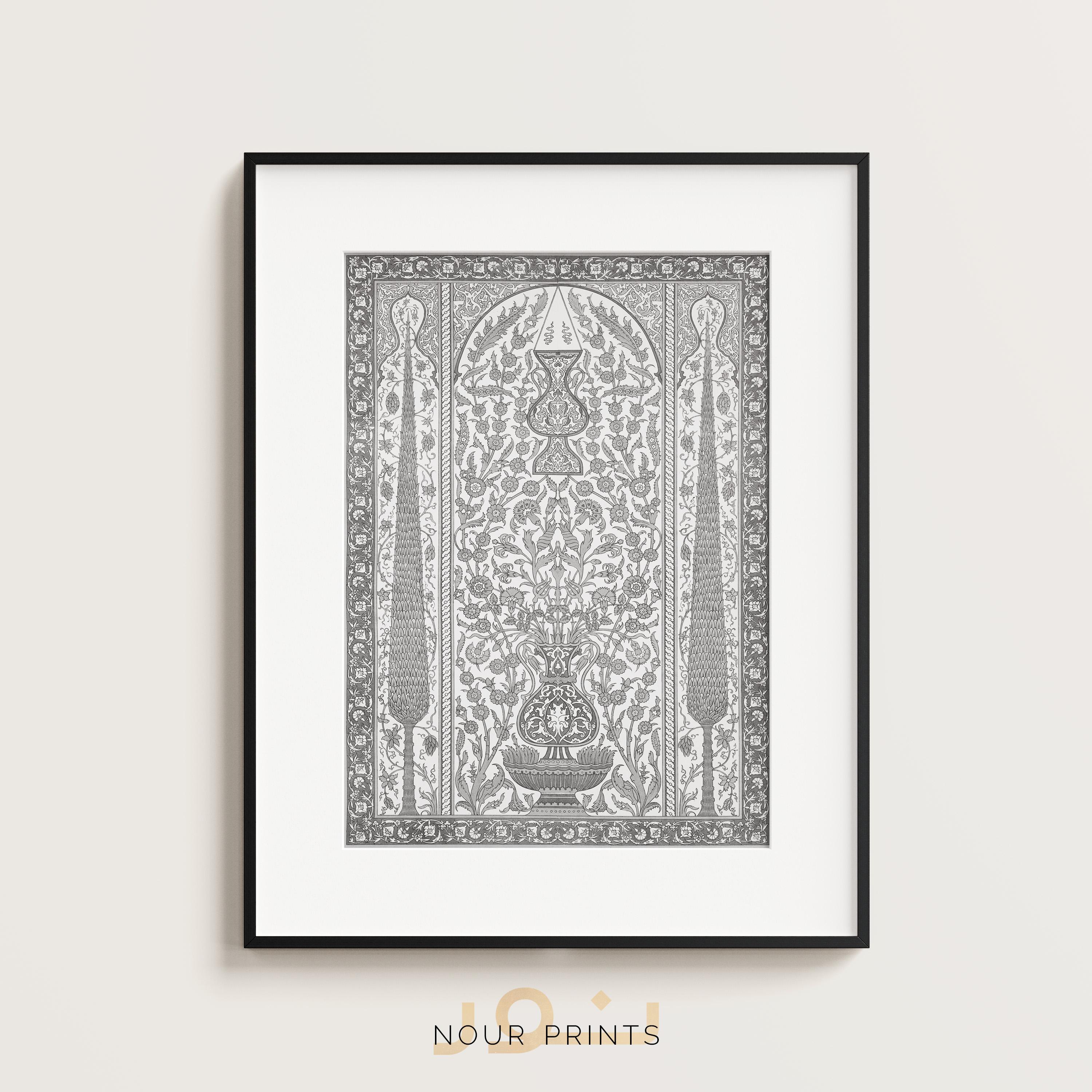 Japandi Islamic Wall Art, Ottoman Mihrab Iznik Tile Print, Neutral