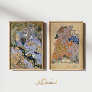 Antike persische Vogel Kunst 2er-Set, persische Miniaturmalerei, iranische Wandkunst, Islamische Wandkunst, Persische Miniature Poster Persischer Kunstdruck