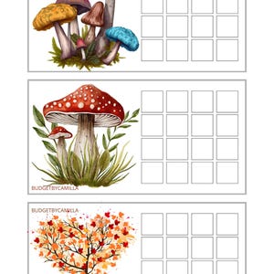 May include: Three white cards with watercolour illustrations of mushrooms and a tree. The top card features a cluster of colourful mushrooms. The middle card shows a red and white spotted mushroom. The bottom card displays a tree with orange leaves.