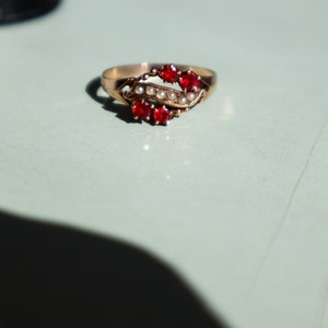 Victorian 10K Yellow Gold Ruby and Seed Pearl Ring