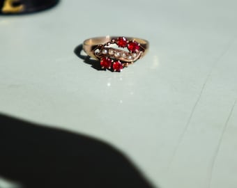 Victorian 10K Yellow Gold Ruby and Seed Pearl Ring