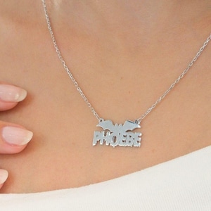Sterling Silver Halloween Bat Name Necklace: Personalized Spooky Gift