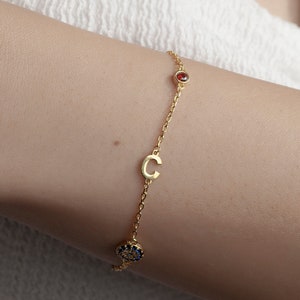 Sterling Silver Birthstone Initial Bracelet: Personalized Charm Jewelry