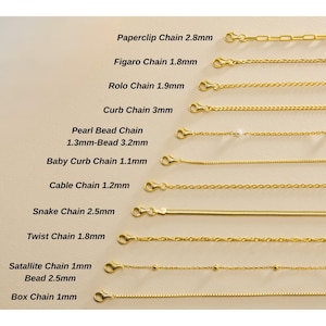 May include: A selection of gold-colored chain necklaces, each with a different design. The image includes the following chain styles: Paperclip, Figaro, Rolo, Curb, Pearl Bead, Baby Curb, Cable, Snake, Twist, Satellite Bead, and Box chains. Each chain's width is also listed in millimeters.