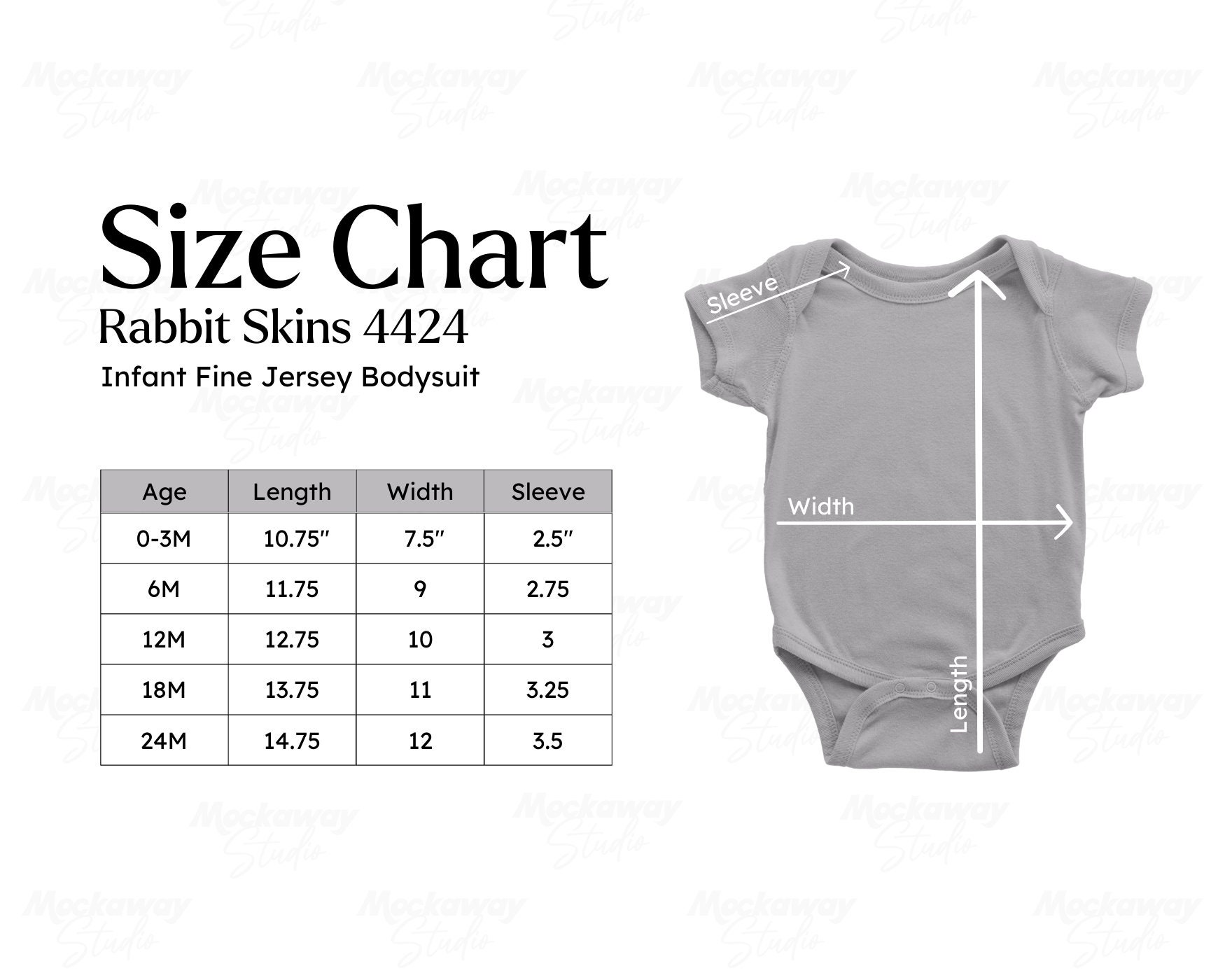 Rabbitskins 4424 Size Chart, Infant Bodysuit Size Chart, Rabbit Skins