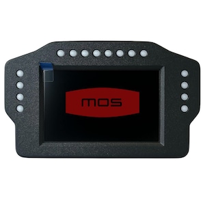 May include: Black digital dashboard with a rectangular screen displaying the word "MOS" in red. The dashboard has several white buttons and a protective film on the screen. The device is designed for automotive use.