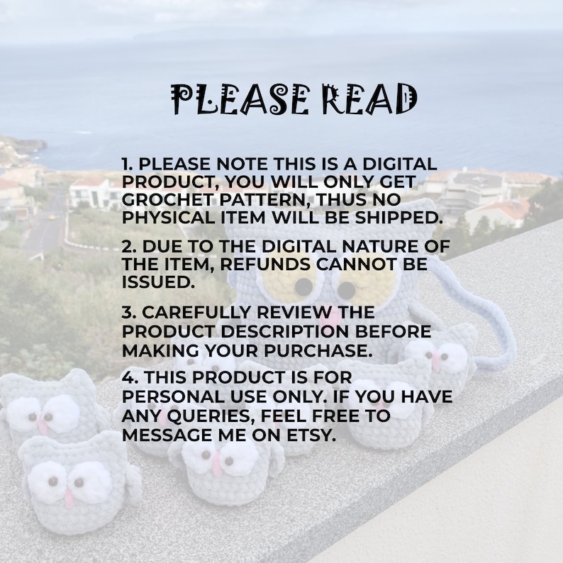 May include: A digital crochet pattern for making a cute owl amigurumi. The image shows four crocheted owls in gray and white with black eyes. The text on the image reads "PLEASE READ" and includes instructions for purchasing the pattern.