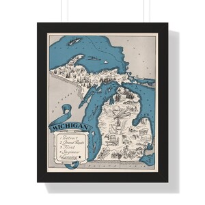 Michigan Map Framed Print, Vintage Michigan map, Michigan wall art, Michigan vintage map, map poster, state map, old map print