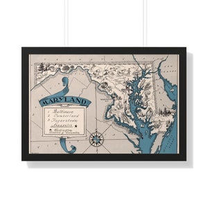 Maryland Karte gerahmter Druck, Maryland Vintage Maryland Karte, Maryland Wandkunst, Maryland Vintage Karte, Kartenplakat, Zustand Karte, alte Karte Druck