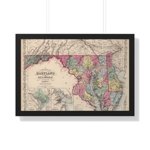 Maryland Map Framed Print, Vintage Maryland map, Maryland wall art, Maryland vintage map, map poster, state map, old map print