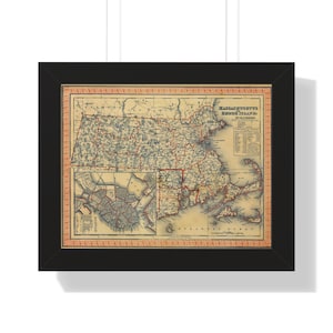 Massachusetts Map Framed Print, Vintage Massachusetts  map, Massachusetts wall art, Massachusetts vintage map, map poster, state map