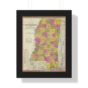 Mississippi Map Framed Print, Vintage Mississippi map, Mississippi wall art, Mississippi vintage map, map poster, state map