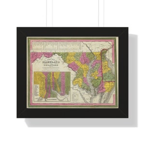 Maryland Map Framed Print Vintage Maryland map, Maryland wall art, Maryland vintage map, map poster, state map, old map print, history lover