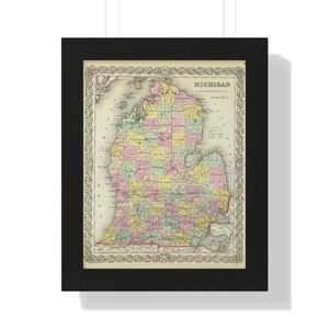 Michigan Map Framed Print, Vintage Michigan map, Michigan wall art, Michigan vintage map, map poster, state map, old map print