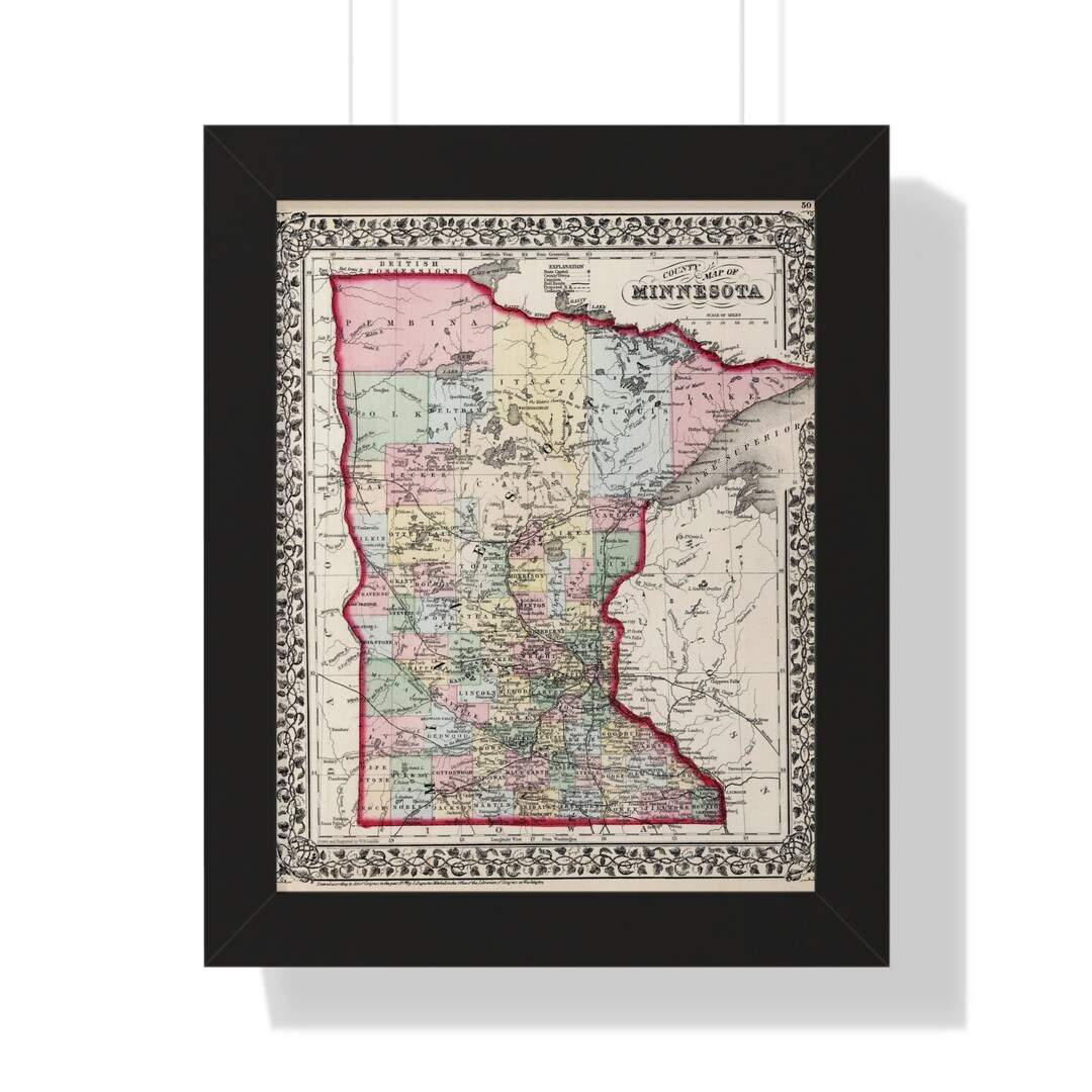 Minnesota Map Framed Print, Vintage Minnesota Map, Minnesota Wall Art ...