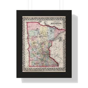 Stampa incorniciata mappa del Minnesota, mappa vintage del Minnesota, arte murale del Minnesota, mappa vintage del Minnesota, poster della mappa, mappa dello stato, stampa della vecchia mappa
