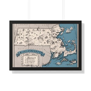 Massachusetts Map Framed Print, Vintage Massachusetts map, Massachusetts wall art, Massachusetts vintage map, map poster, state map,