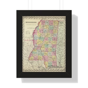 Mississippi Map Framed Print, Vintage Mississippi map, Mississippi wall art, Mississippi vintage map, map poster, state map, old map print