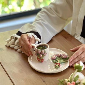Handmade Ceramic Espresso Cup Set: Pink Tulip Pottery, Coffee Lover Gift