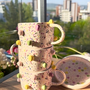 Colourful Mug Handmade Ceramic Pottery Unique Handle Coffee Lover Cup Home Decoration Gift For Colourful Gift Kids Gift Summer Mug Rainbow image 3