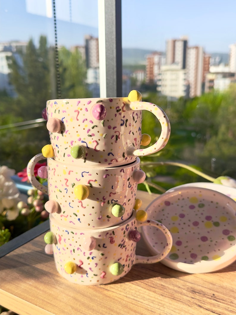 Colourful Mug Handmade Ceramic Pottery Unique Handle Coffee Lover Cup Home Decoration Gift For Colourful Gift Kids Gift Summer Mug Rainbow image 3