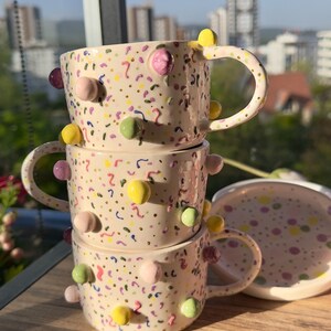 Colourful Mug Handmade Ceramic Pottery Unique Handle Coffee Lover Cup Home Decoration Gift For Colourful Gift Kids Gift Summer Mug Rainbow image 2