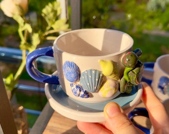 Caretta and Sea Shell Handmade Personalized Gift Custom Gift Ceramic Pottery Unique Cup Gift For Smiling Caretta Turtle Sea Shell