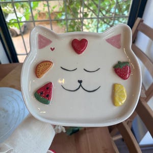 Handmade Cat Plate: Personalized Kids Gift, Colorful Fruit Design