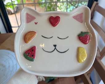 Handmade Cat Plate: Personalized Kids Gift, Colorful Fruit Design