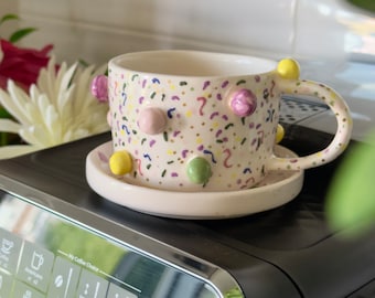Handmade Ceramic Coffee Mug with Saucer, Unique Colorful Confetti Design