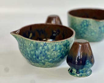 Handmade Ceramic Matcha Set – Rustic Blue Glaze Chawan Bowl & Whisk Holder
