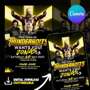 Invito di compleanno Thunderbolts, compleanno bambino, invito per festa di compleanno Thunderbolts, festa di compleanno, Canva modificabile