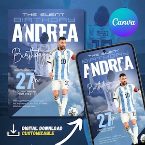 Lionel Messi birthday invitation, kids birthday,Lionel Messi party invite, soccer invitation, editable Canva, Argentina Team