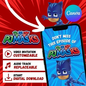 Videoinvito festa compleanno Pjmasks, videoinvito animato digitale, invito bambini, Canva video modificabile, party invito video digitale