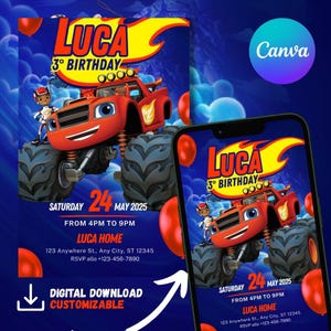 Blaze verjaardagsuitnodiging, jongensverjaardag, Blaze verjaardagsuitnodiging, verjaardagsfeestje, Canva bewerkbaar, feest