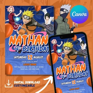 Naruto Birthday Invitation, Kids Birthday, Naruto Invitation, Birthday Party, Editable Canva Template, Home Party, Digital Download