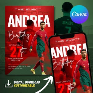 Cristiano Ronaldo Geburtstagseinladung, Kindergeburtstag, Cristiano Ronaldo Geburtstagsparty, Fußball-Einladung, editierbare Canva, CR7