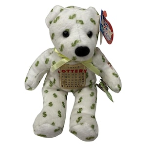 Lucky Bears Vintage Lotto Pluszowy Miś 1999 8" Biały Zielony Dolar sSigns Druk Bilet Klips