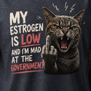 Peut inclure: Un t-shirt gris chiné foncé avec l'illustration d'un chat tigré grognant faisant un doigt d'honneur. Le texte indique : MY ESTROGEN IS LOW AND I'M MAD AT THE GOVERNMENT. Le chat montre ses crocs et ses moustaches, avec des éclairs en arrière-plan.