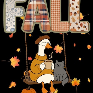 Peut inclure: Une illustration graphique sur fond noir avec le mot FALL en grandes lettres aux motifs floraux, à carreaux et de feuilles d'automne. Une oie portant un béret, des lunettes et un pull jaune est assise sur une balançoire avec un chat gris, tenant une tasse.