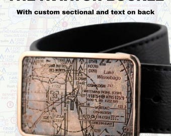 Custom Bronze Aviator Belt Buckle: Personalized Sectional Chart, Handmade