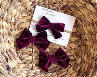 Burgundy Velvet Hair Bow, Handmade Baby Headband, Toddler Bow Clip