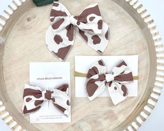 Brown Cow Print Hair Bow, Glitter Fabric, Girls Western Fable Bow