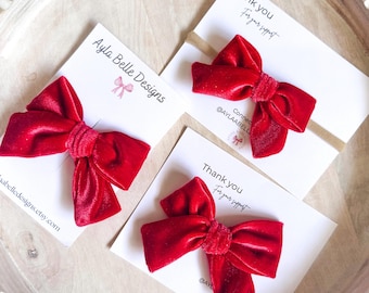 Red Velvet Hair Bow, Baby Headband or Clip, Valentines Bow, Toddler Hair Bow , Red Glitter Hair Clip