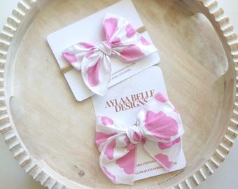 Pink Cow Print Hair Bow: Western Style Clip or Headband