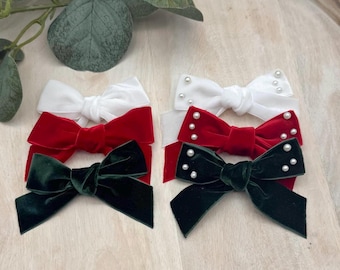 Velvet Hair Bow Clip, Pearl Accent, Christmas Green Hair Accessory