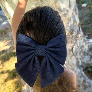 Denim Hair Bow for Girls or Women | Coquette Style Hair Bow Clip | Handmade Hair Accessory | Large Bow for Ponytail or Half-Up Look