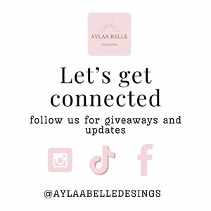 May include: A white graphic with the text "Let's get connected" and social media icons. The text "follow us for giveaways and updates" is below the main text. The brand logo is in the top right corner, and the Instagram, TikTok, and Facebook icons are at the bottom.